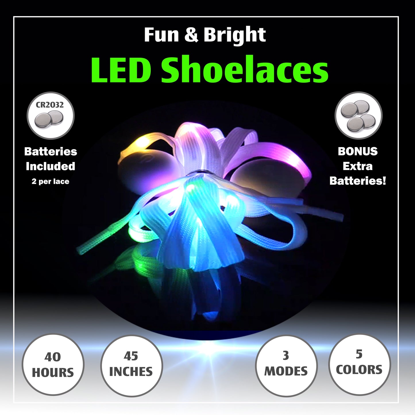 5 ColorFlashing LED Light Up Shoe Laces Glow in the Dark White Tie Shoelaces for Sneakers, Skates, 45 inch