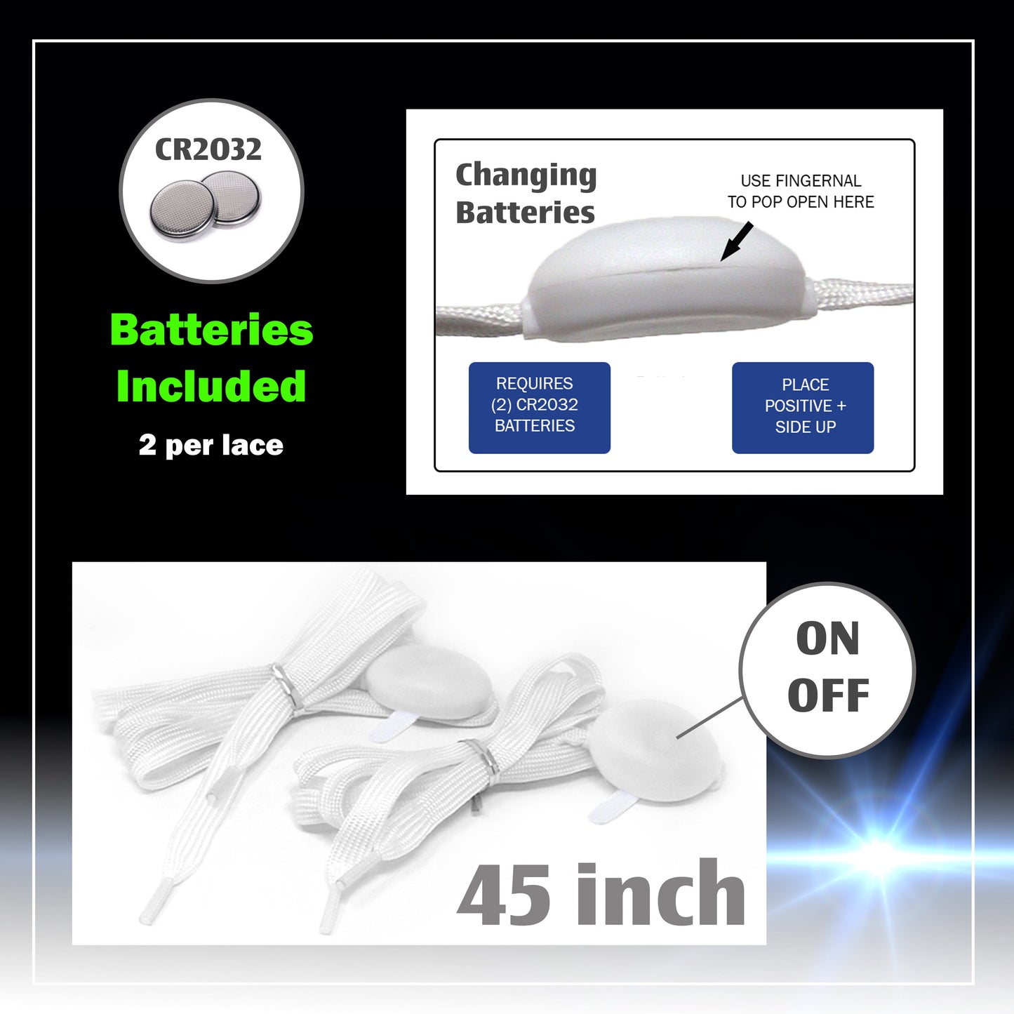 5 ColorFlashing LED Light Up Shoe Laces Glow in the Dark White Tie Shoelaces for Sneakers, Skates, 45 inch