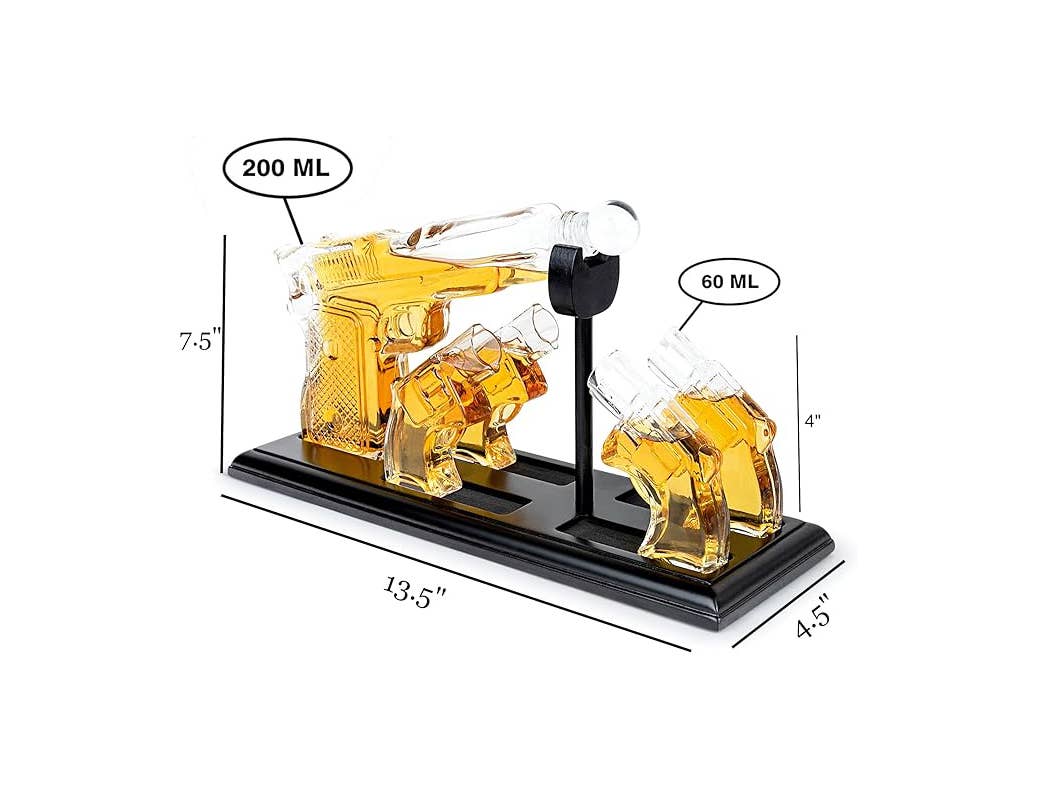 Whiskey Gun Decanter &Shot Glasses Gift Set - Mahogany Tray