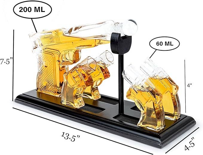 Whiskey Gun Decanter &Shot Glasses Gift Set - Mahogany Tray