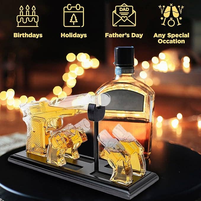 Whiskey Gun Decanter &Shot Glasses Gift Set - Mahogany Tray