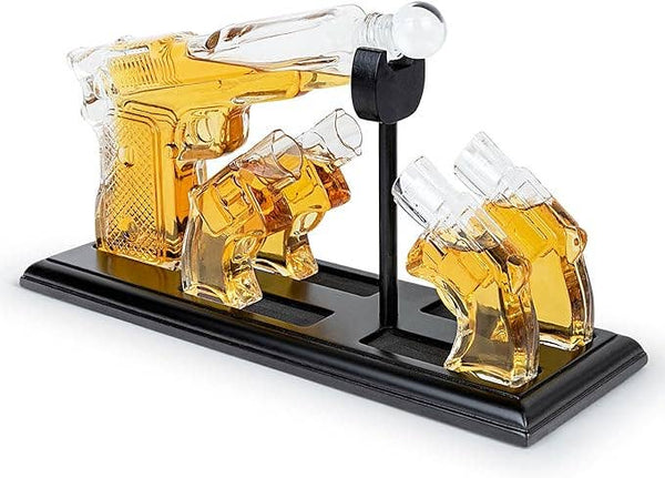 Whiskey Gun Decanter &Shot Glasses Gift Set - Mahogany Tray