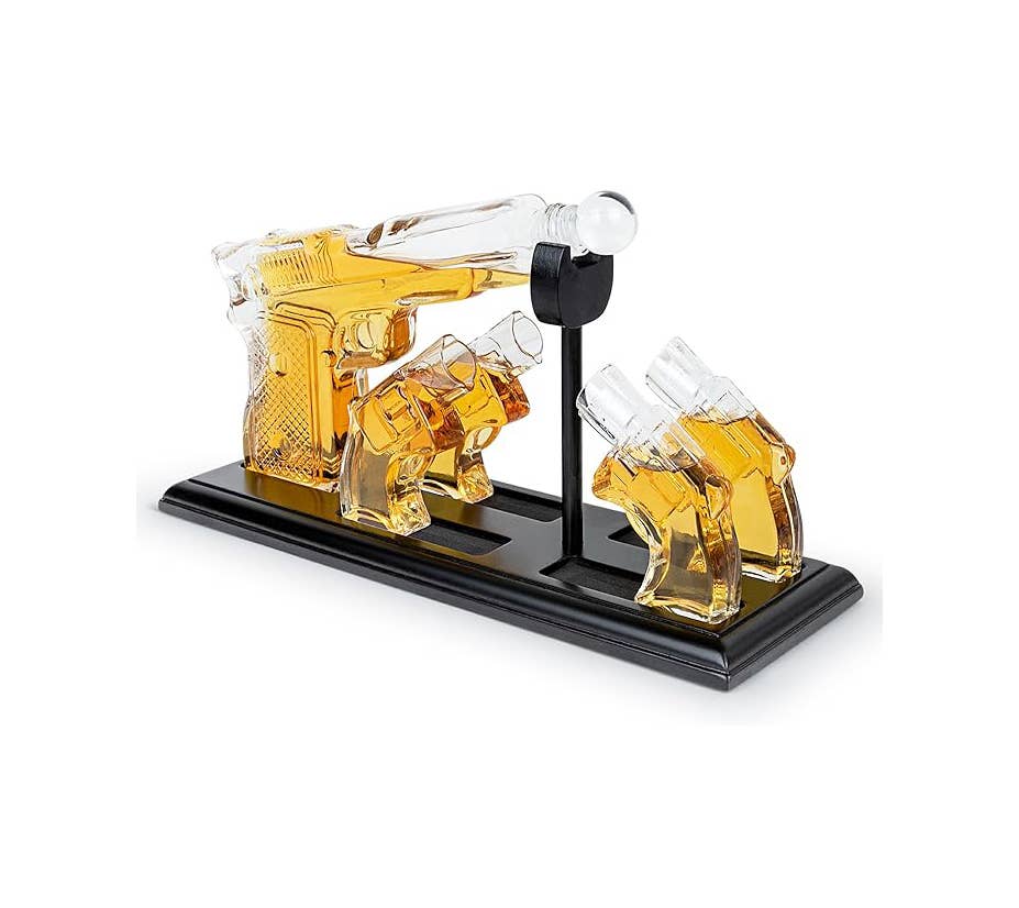 Whiskey Gun Decanter &Shot Glasses Gift Set - Mahogany Tray