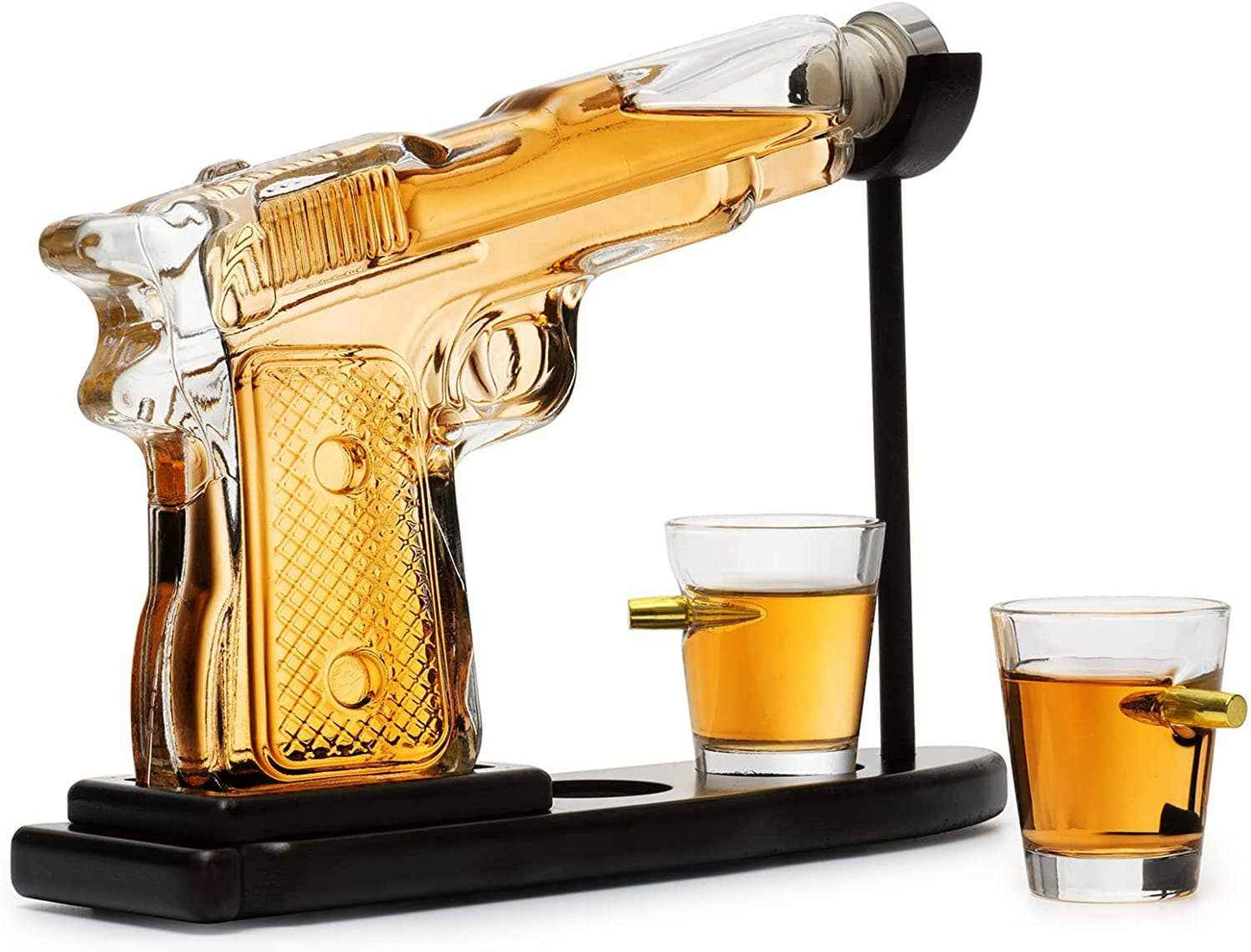 Pistol Gun Decanter Set + 2 Bullet shot Glasses & Wood Stand