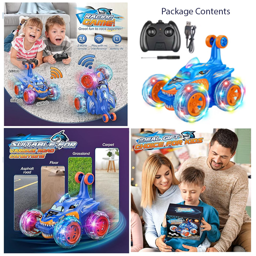 Remote Control Stunt Car Shark RC Kids Toy Outdoor 360° Rotating Boys and Girls - Blue
