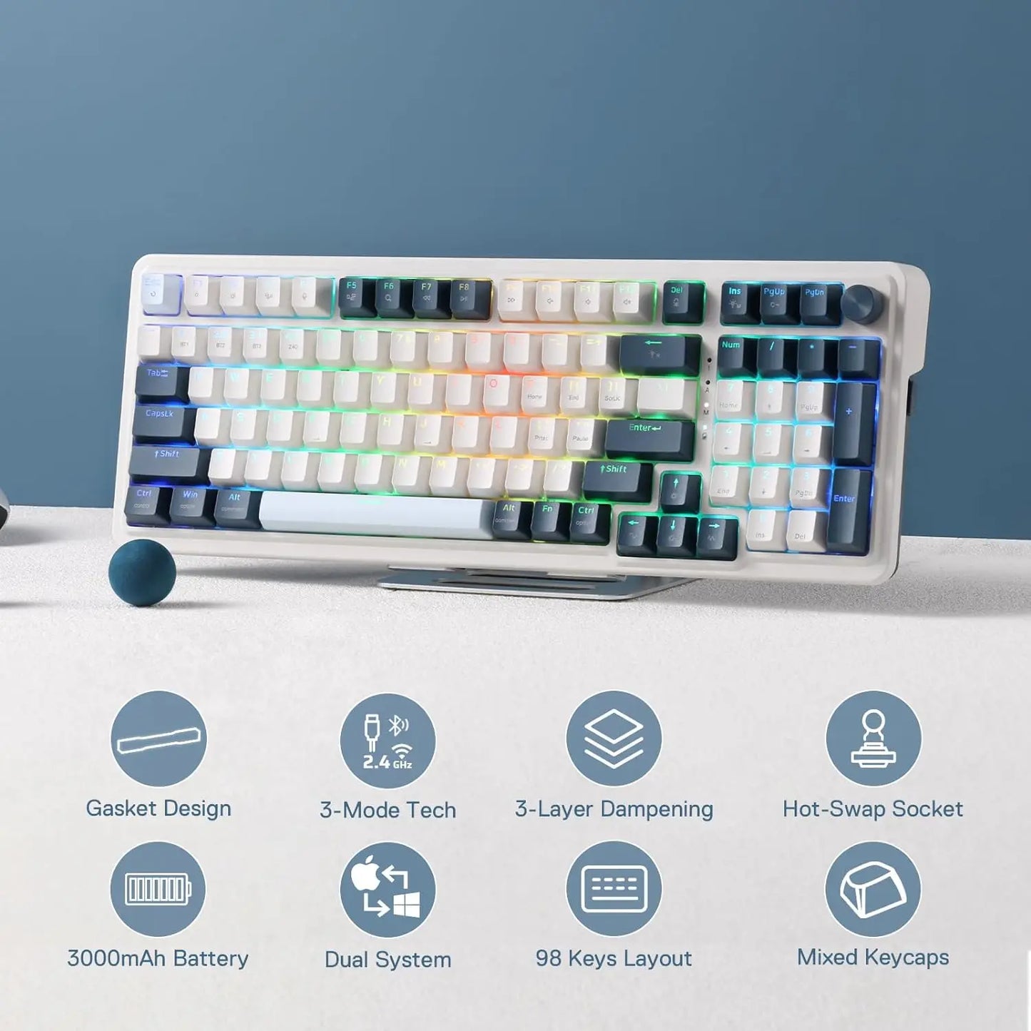 98 Keys 3-Mode Wireless Gasket RGB Gaming Mechanical Keyboard