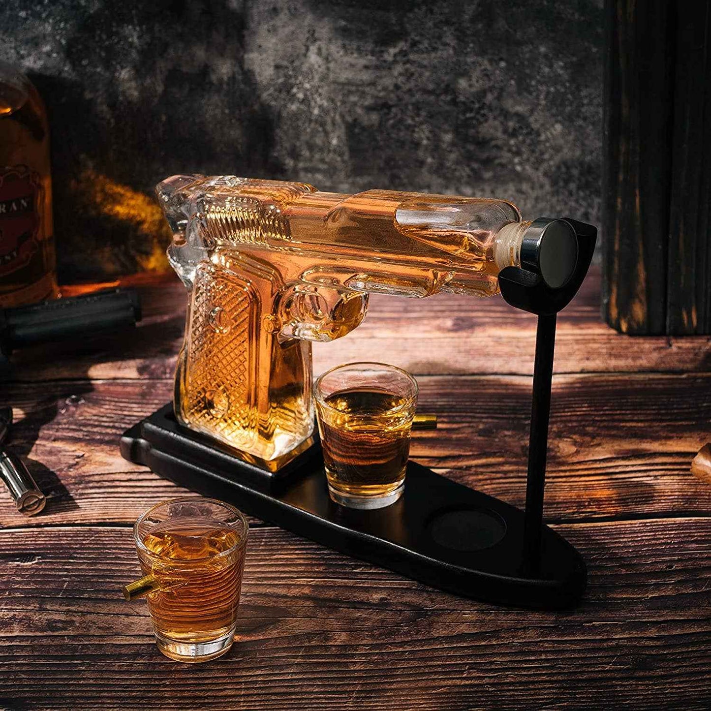 Pistol Gun Decanter Set + 2 Bullet shot Glasses & Wood Stand
