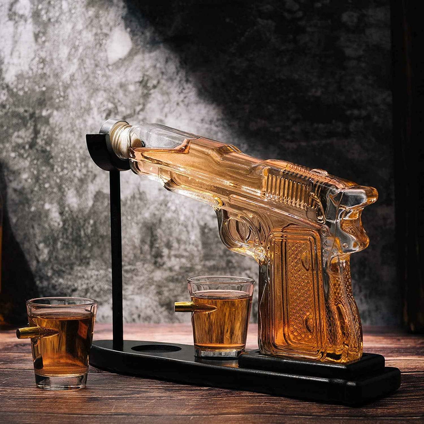 Pistol Gun Decanter Set + 2 Bullet shot Glasses & Wood Stand
